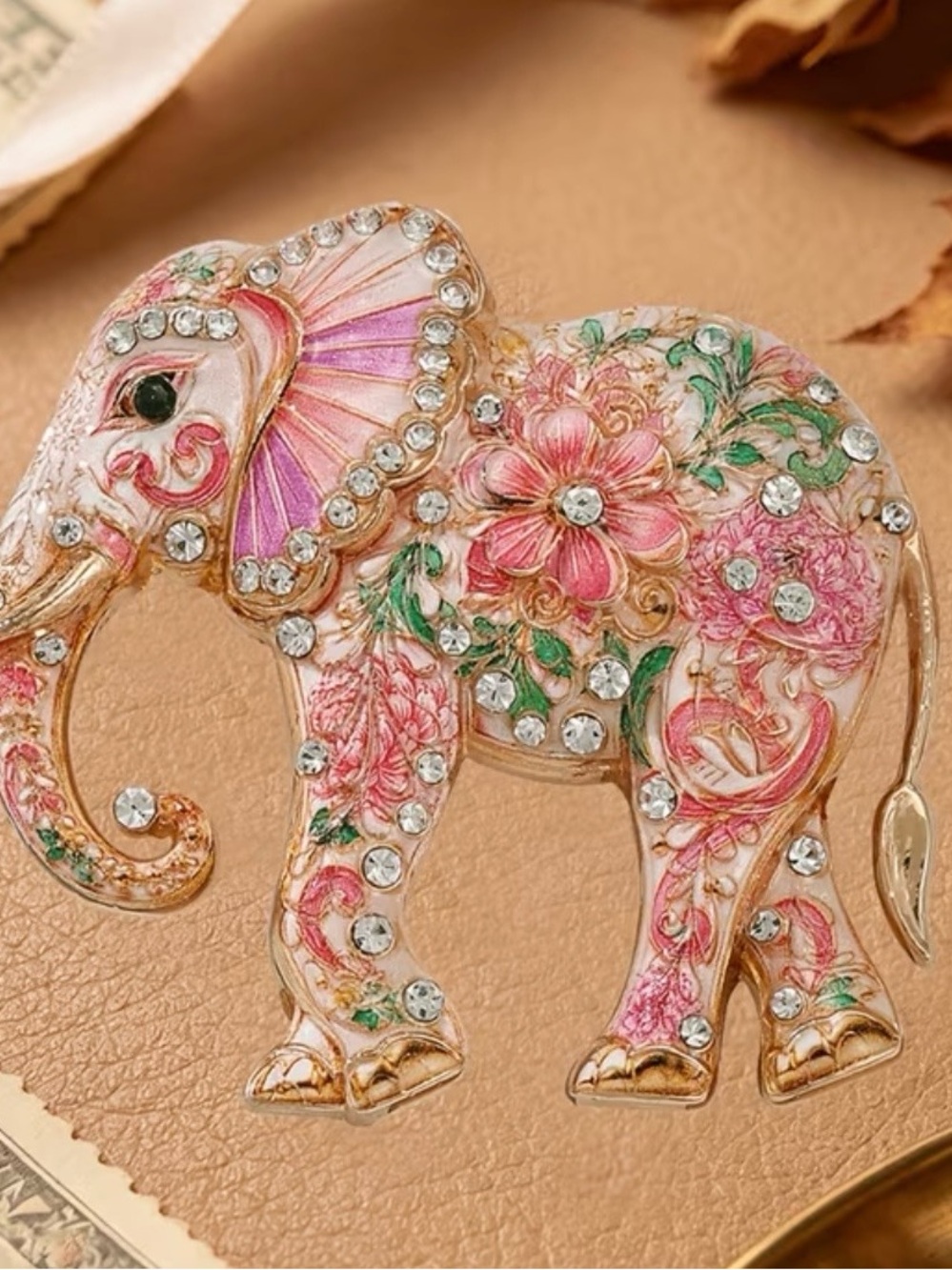 Floral Pink Jeweled Elephant Brooch
